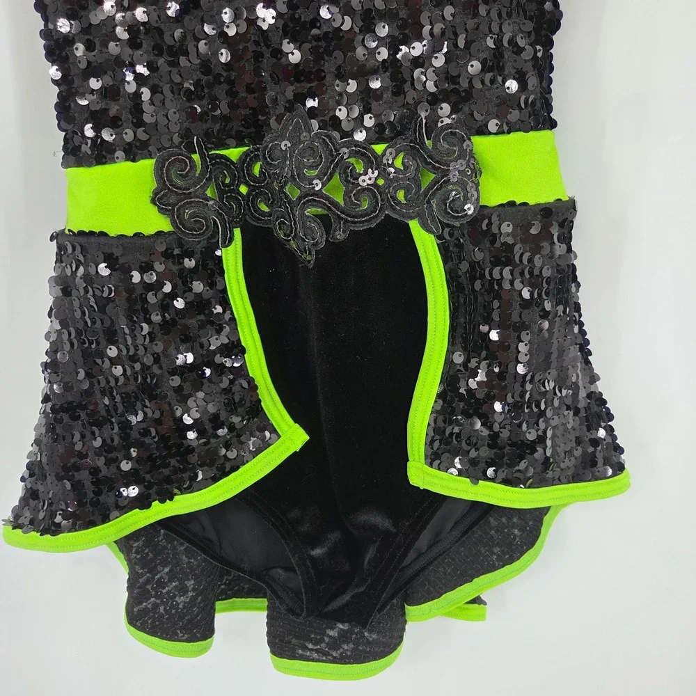 Weissman Black Neon Green Sequin Dance Costume Leotard Peplum MC Jazz Tap